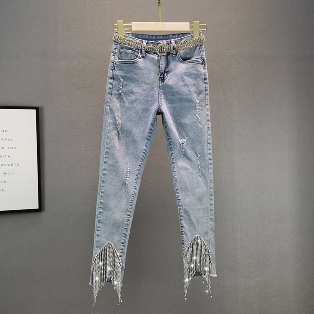 Rhinestone Fringed Jeans