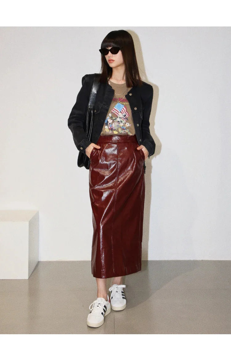 Jupe midi en cuir Aurora