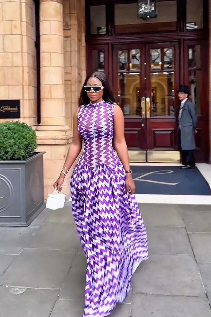 Purple Zigzag Print Maxi Dress