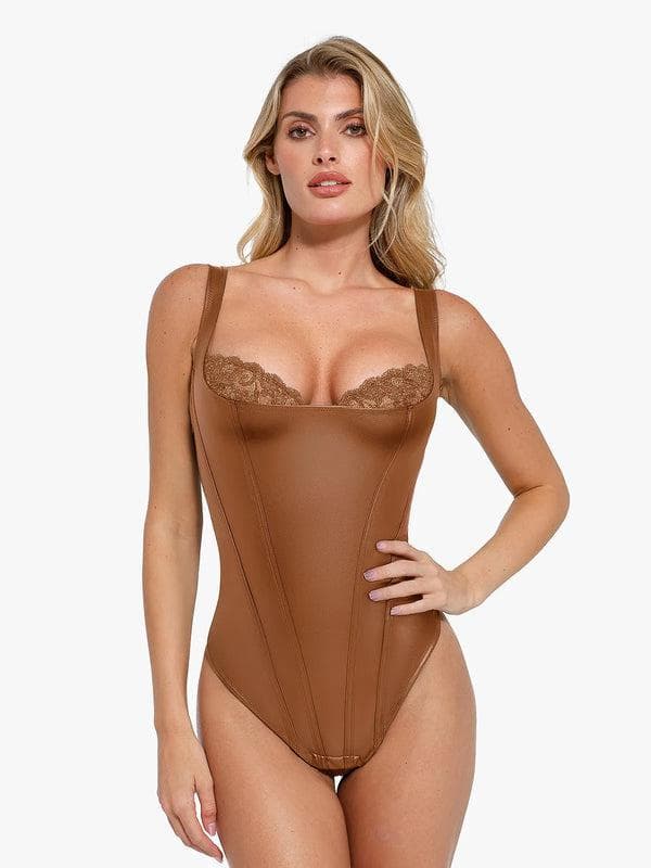 Shapewear Faux Leather Lace Balconette Sculpting Bodysuit
