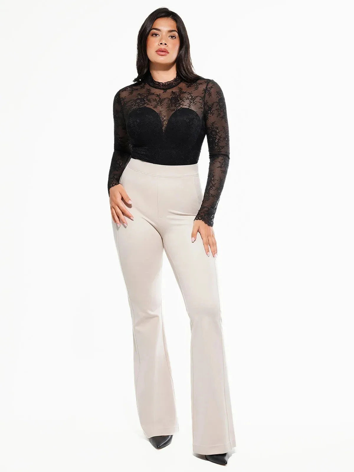 Shapewear Mock Neck Long Sleeve Floral Lace Bodysuit