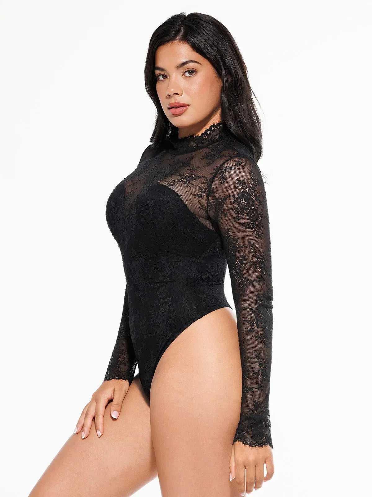 Shapewear Mock Neck Long Sleeve Floral Lace Bodysuit