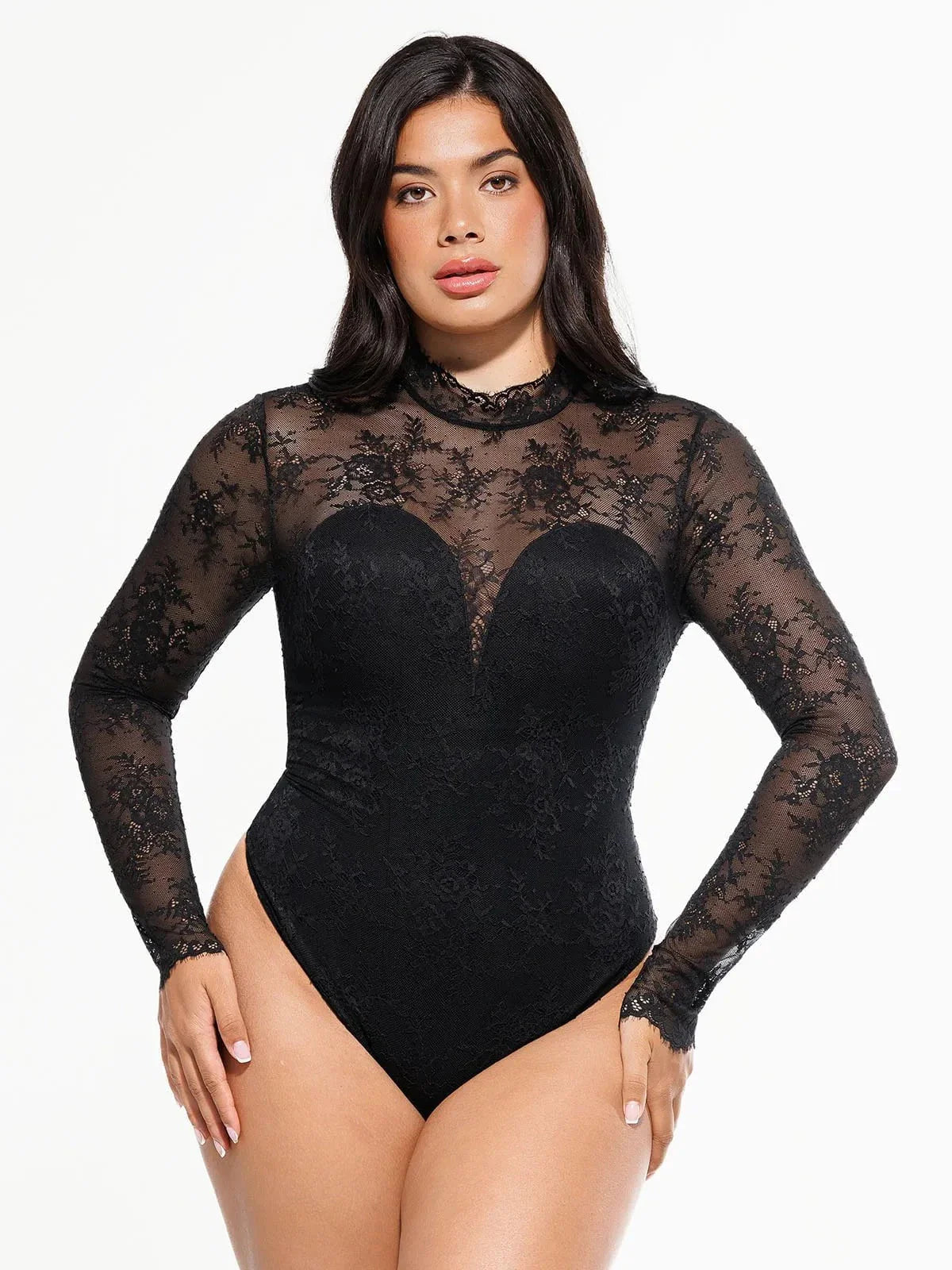 Shapewear Mock Neck Long Sleeve Floral Lace Bodysuit