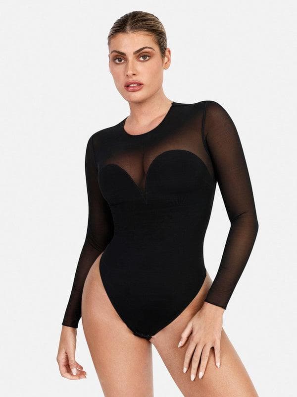 Shapewear Mock Neck Long Sleeve Floral Lace Bodysuit
