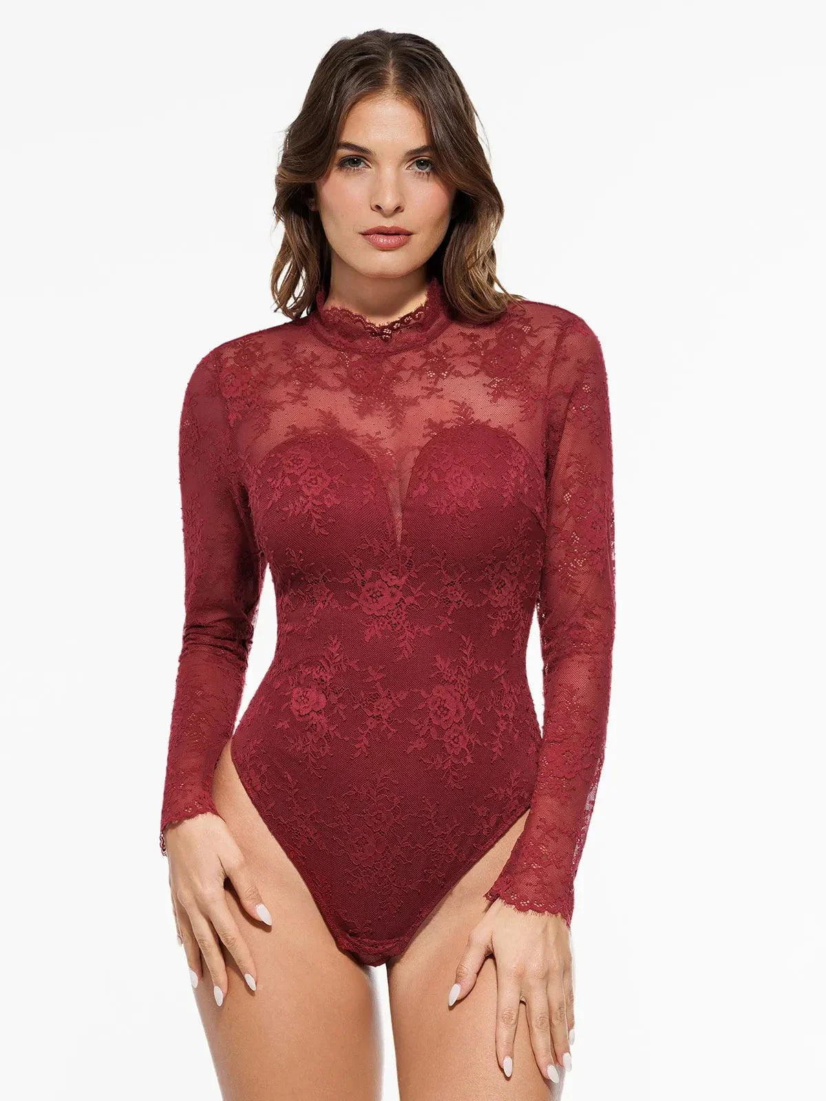 Shapewear Mock Neck Long Sleeve Floral Lace Bodysuit
