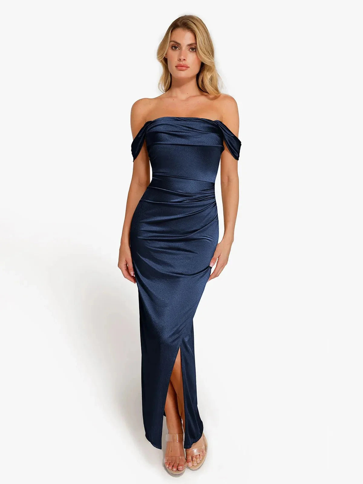 Shapewear Off Shoulder Shine Ruched Sculpting Maxi Dress
