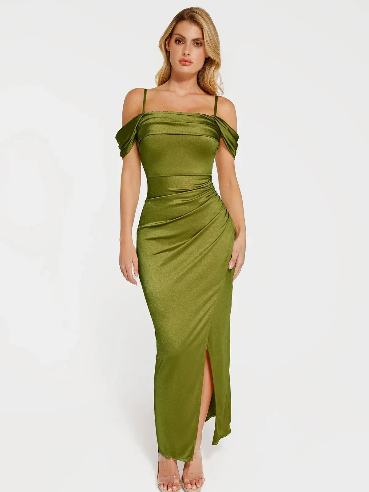 Shapewear Off Shoulder Shine Ruched Sculpting Maxi Dress