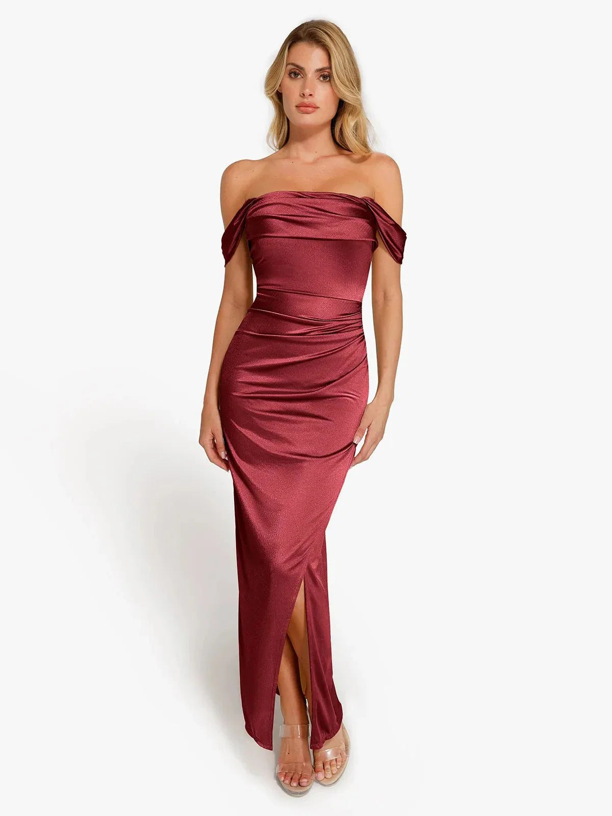 Shapewear Off Shoulder Shine Ruched Sculpting Maxi Dress
