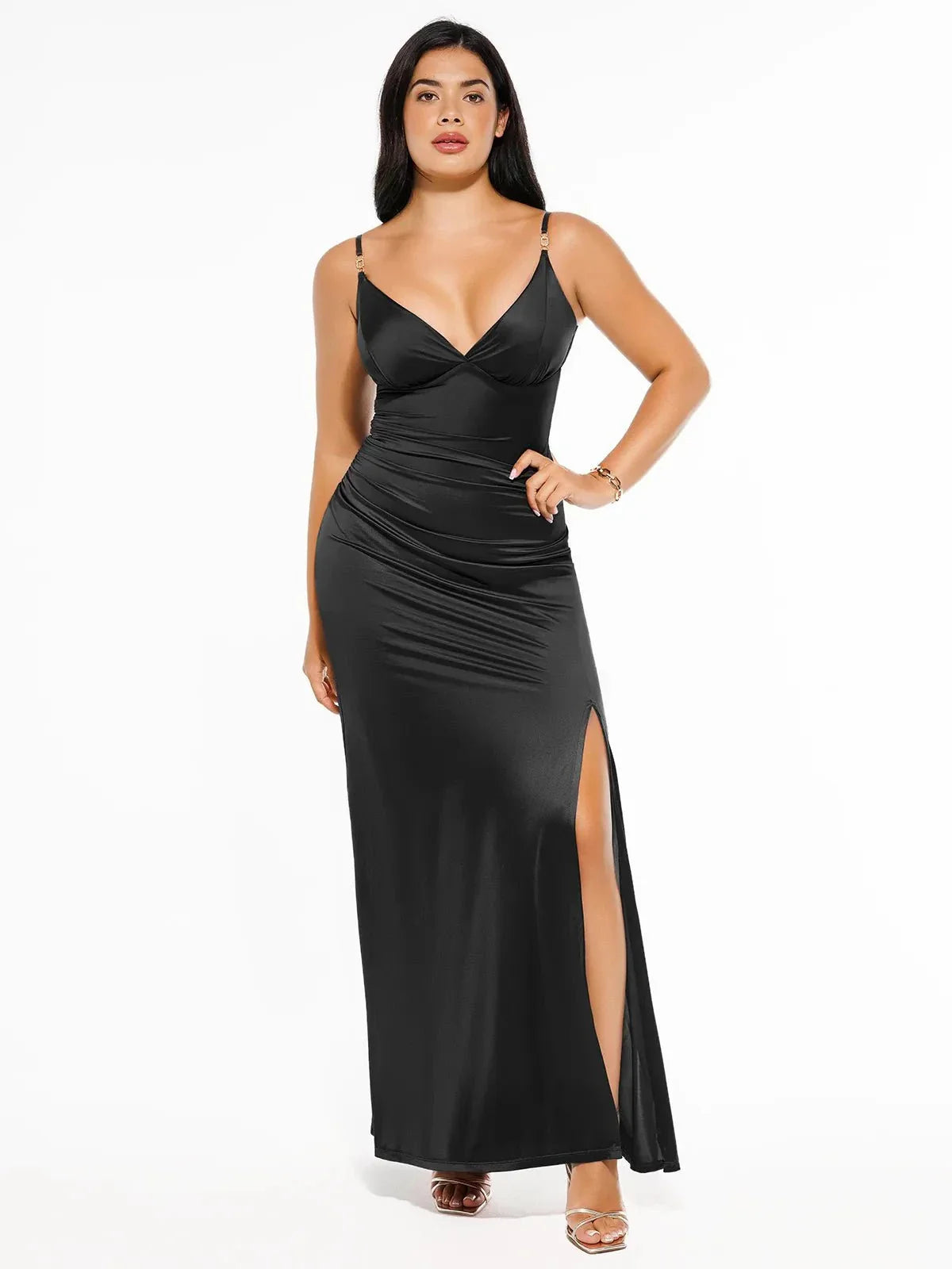Shapewear Satin Deep-V Front Slit Maxi Dress