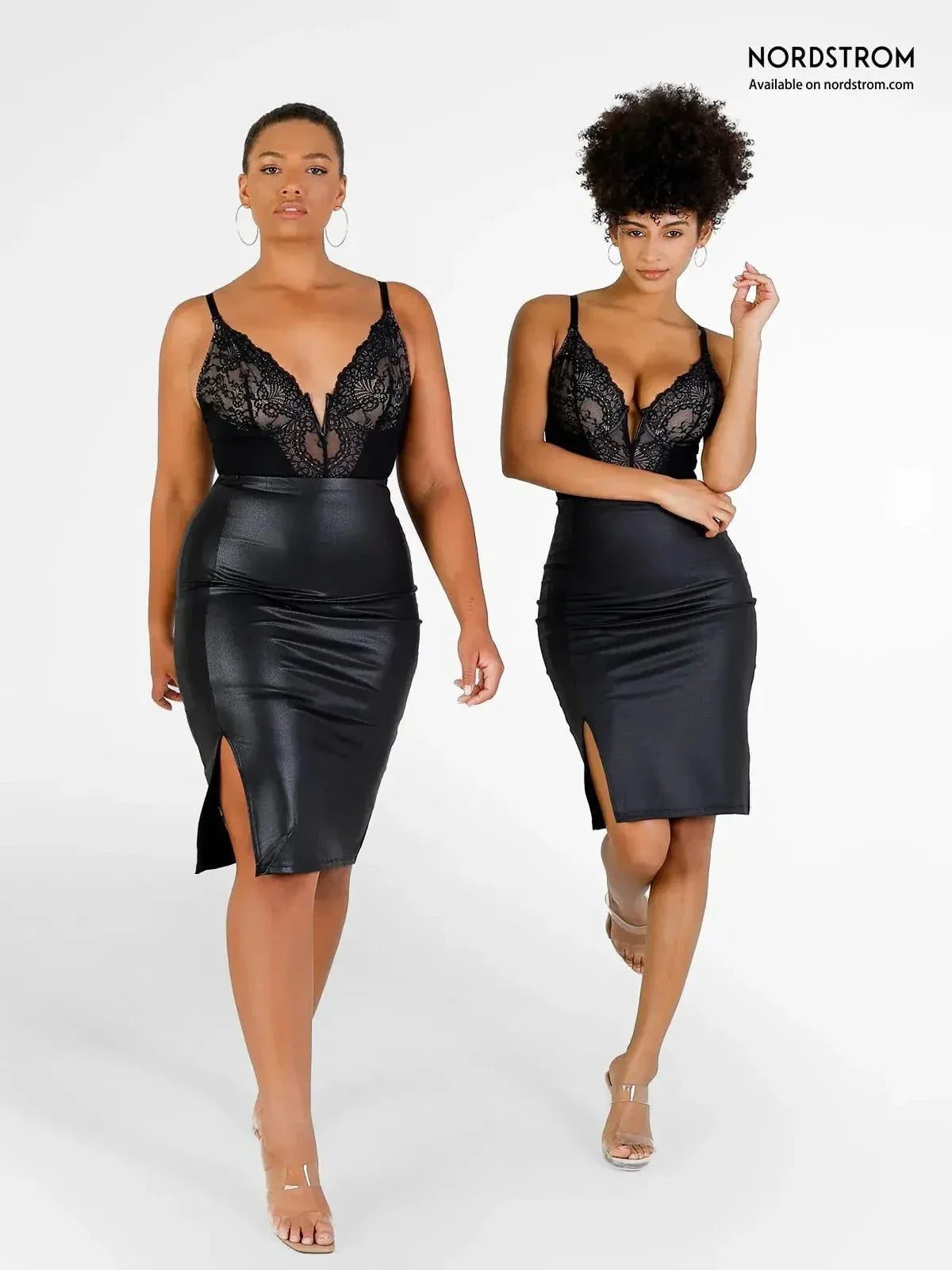 Shapewear Sculpting Faux Leather Front Slit Midi Skirt