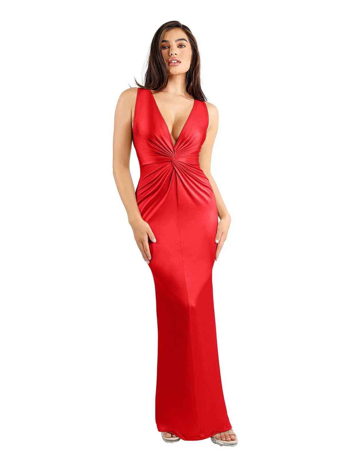 Shapewear Shine Deep V-Neck Bias Twist Hourglass Maxi Dress